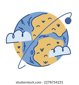 Stylized illustration of the planet Earth with clouds and the moon revolving around it