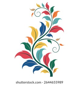 A stylized illustration of a plant with multicolored leaves in shades of red yellow blue and teal The leaves are arranged around a dark green stem with swirling branches The style is simple and flat