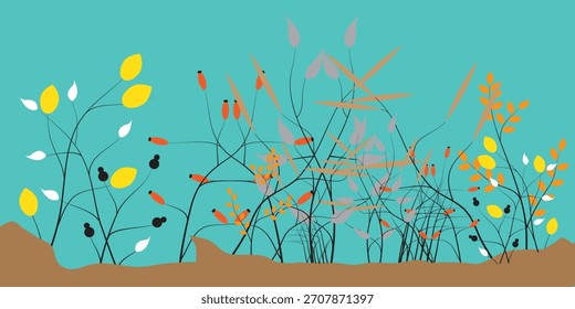 Ilustración estilizada de plantas con subgrupos delgados y oscuros y hojas de varios colores, incluyendo amarillo, blanco, rojo y negro. Las plantas se colocan sobre un fondo verde azulado.