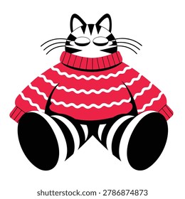 A stylized illustration of a plump cat with closed eyes, dressed in a cozy red and white striped sweater, sitting with its legs spread.