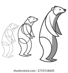 Ilustración estilizada de la evolución del oso polar desde Formas simples hasta una figura completa Palabras claves: oso polar, evolución, etapas, desarrollo, crecimiento, progreso, transformación, Formas simples, geométricas