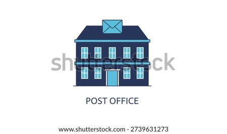 A stylized illustration of a post office building, notable for its distinctive silhouette.