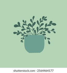 A stylized illustration of a potted plant with dark green leaves and stems cascading from a terracotta pot against a pale sage green background