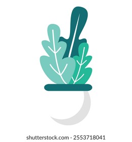 Stylized illustration of a potted plant with green and teal leaves, set in a white pot with a dark green rim. Simple and modern design