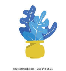 Stylized illustration of a potted plant with large, blue leaves featuring white veins, set in a yellow pot. Ideal for modern decor and creative projects