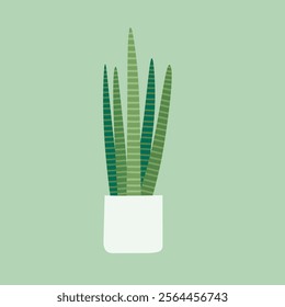 A stylized illustration of a potted plant, likely snake plant or similar, featuring elongated, striped leaves in shades of green