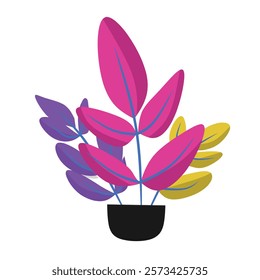 Stylized illustration of a potted plant with vibrant pink, purple, and yellow leaves featuring blue veins, set in a black pot. Perfect for modern decor and creative projects