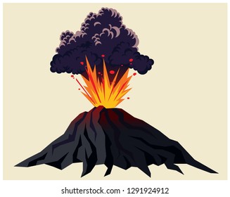 Stylized illustration of a powerful erupting volcano with black clouds of smoke