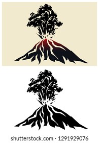 Stylized illustration of a powerful erupting volcano with black clouds of smoke