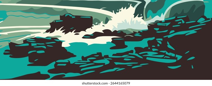Ilustração estilizada de ondas poderosas do oceano que se chocam contra as costas rochosas escuras