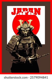 Stylized illustration of a powerful samurai warrior holding a katana in front of the rising sun flag of japan