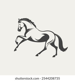 Stylized illustration of a prancing horse in black and white, featuring clean lines and a minimalist design