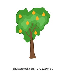 Stilisierte Illustration, die einen Obstbaum mit üppigem grünem Laub präsentiert, der mehrere gelbe Früchte trägt, die Natur, Wachstum und Ernte von frischen Produkten symbolisieren