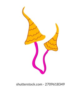 Stylized illustration presenting two colorful wavy mushrooms with bright yellow caps and vibrant pink stems, creating a playful and fantastical visual