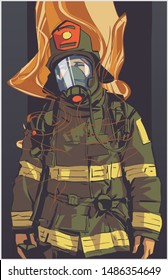 Stylized illustration print design of fire fighter in protective gear