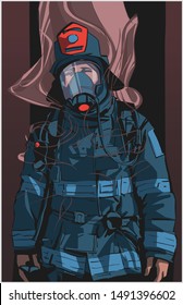 Stylized illustration print design of fire fighter in protective gear