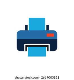 Una ilustración estilizada de una impresora con salida de papel. El dispositivo es de color azul, negro y rojo.