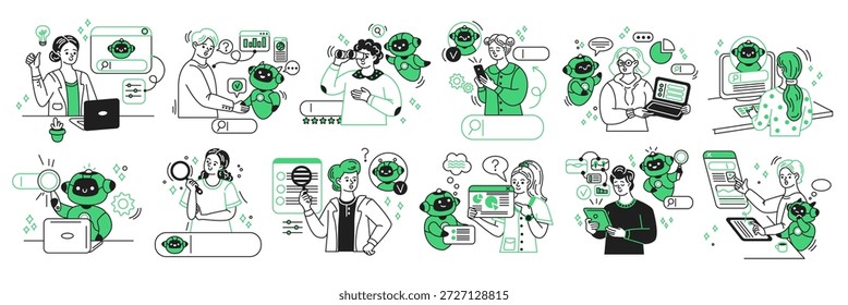 Ilustração estilizada de profissionais que interagem com IA em ambientes de marketing digital. Apresenta colaboração e tecnologia em preto e verde. Ideal para temas empresariais modernos.