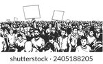 Stylized illustration of protesting crowd in black and white