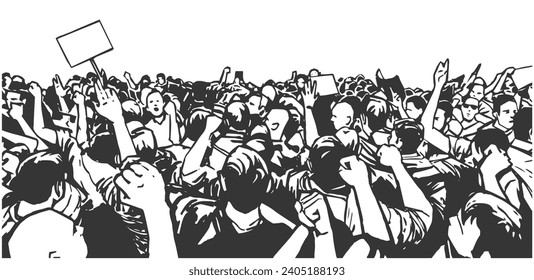 Stylized illustration of protesting crowd in black and white