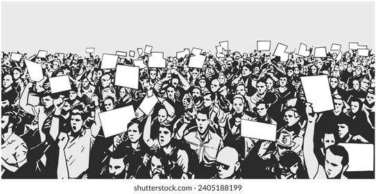 Stylized illustration of protesting crowd in black and white