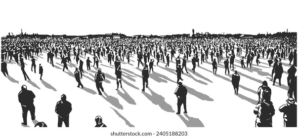 Stylized illustration of protesting crowd in black and white