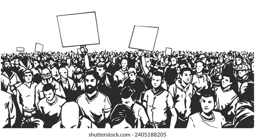 Stylized illustration of protesting crowd in black and white