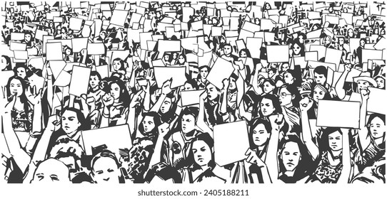 Stylized illustration of protesting crowd in black and white