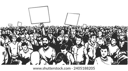 Stylized illustration of protesting crowd in black and white