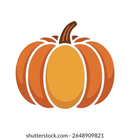 A stylized illustration of a pumpkin with a brown stem. The pumpkin is predominantly orange with lighter orange segments separated by white lines. The stem is a darker brown with vertical lines.