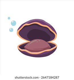 A stylized illustration of a purple clam shell with a pearl inside, surrounded by small blue bubbles, set against a white background.

