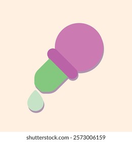 A stylized illustration of a purple and green dropper with a single drop falling