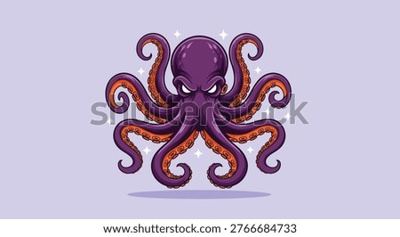 A stylized illustration of a purple octopus with a menacing expression and spread tentacles against a light purple background.