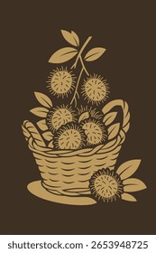 A stylized illustration of rambutans placed in a woven basket. The design features several spiky rambutans with leaves and stems, presented in a flat, monochromatic silhouette style using warm tones o