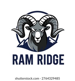 A stylized illustration of a ram's head with large, curved horns, set against a backdrop of mountains and a dark blue semi-circle. The text 