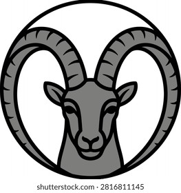Stylized illustration of a ram's head with prominent horns in a circular design