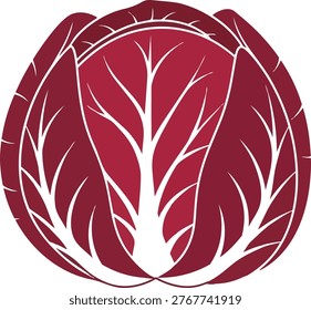 A stylized illustration of a red cabbage head, featuring prominent white veins against a deep red backdrop. The design is clean and graphic.