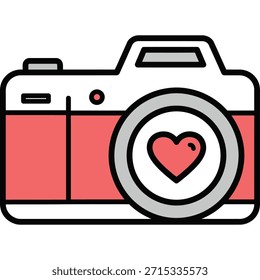 A stylized illustration of a red camera with a heart icon on the lens, symbolizing love for photography and capturing moments.