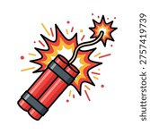 A stylized illustration of a red explosive device detonating with fiery sparks