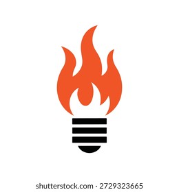 Una ilustración estilizada de una llama roja sobre una bombilla negra, sobre un fondo blanco puro, transmitiendo creatividad e inspiración en un diseño simple e icónico.