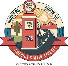 A stylized illustration of a red gas pump with a Route 66 sign on top, set against a desert landscape with a road and mountains in the background, surrounded by a circular badge with a red banner