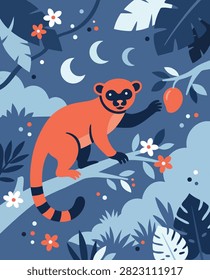 A stylized illustration of a red lemur with a striped tail in a jungle at night, reaching for a piece of fruit.