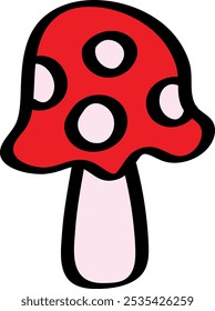 Stylized illustration of a red mushroom with white spots, featuring a simple and minimalist design.