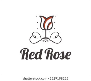A stylized illustration of a red rose with elegant text below it.