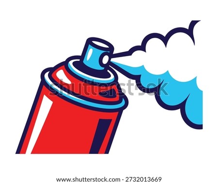 A stylized illustration of a red spray paint can emitting a cloud of blue and white mist.