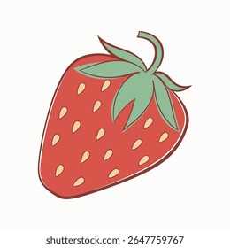 A stylized illustration of a red strawberry with light yellow seeds and green leaves, outlined in dark red, against a white background.