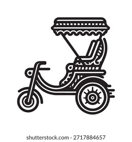 a stylized illustration of a rickshaw. The rickshaw features a canopy top, a seat for the driver, and a passenger area. It has two large wheels and a smaller front wheel. The design is minimalistic and uses clean lines to convey the structure and details of the rickshaw.