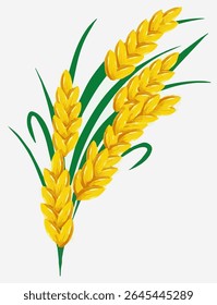 A stylized illustration of ripe, golden stalks of grain, such as rice or wheat, with long green leaves. This vector-style clipart represents harvest, agriculture, and natural food, isolated on a white