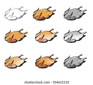 Stylized illustration of roasted chicken nine ways: as monochrome contour, several rough sketches, accurate sketch with gradient and mesh, and three black-and-white variations
