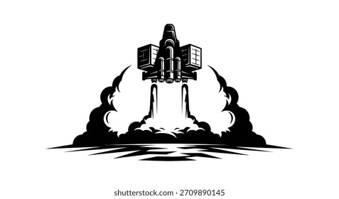 Una ilustración estilizada de un cohete ascendiendo con potentes chorros de humo y fuego que emanan de su base.